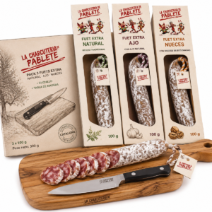 La Charcutería de Pablete Fuet Extra válogatás késsel és vágódeszkával – 3 × 100 g