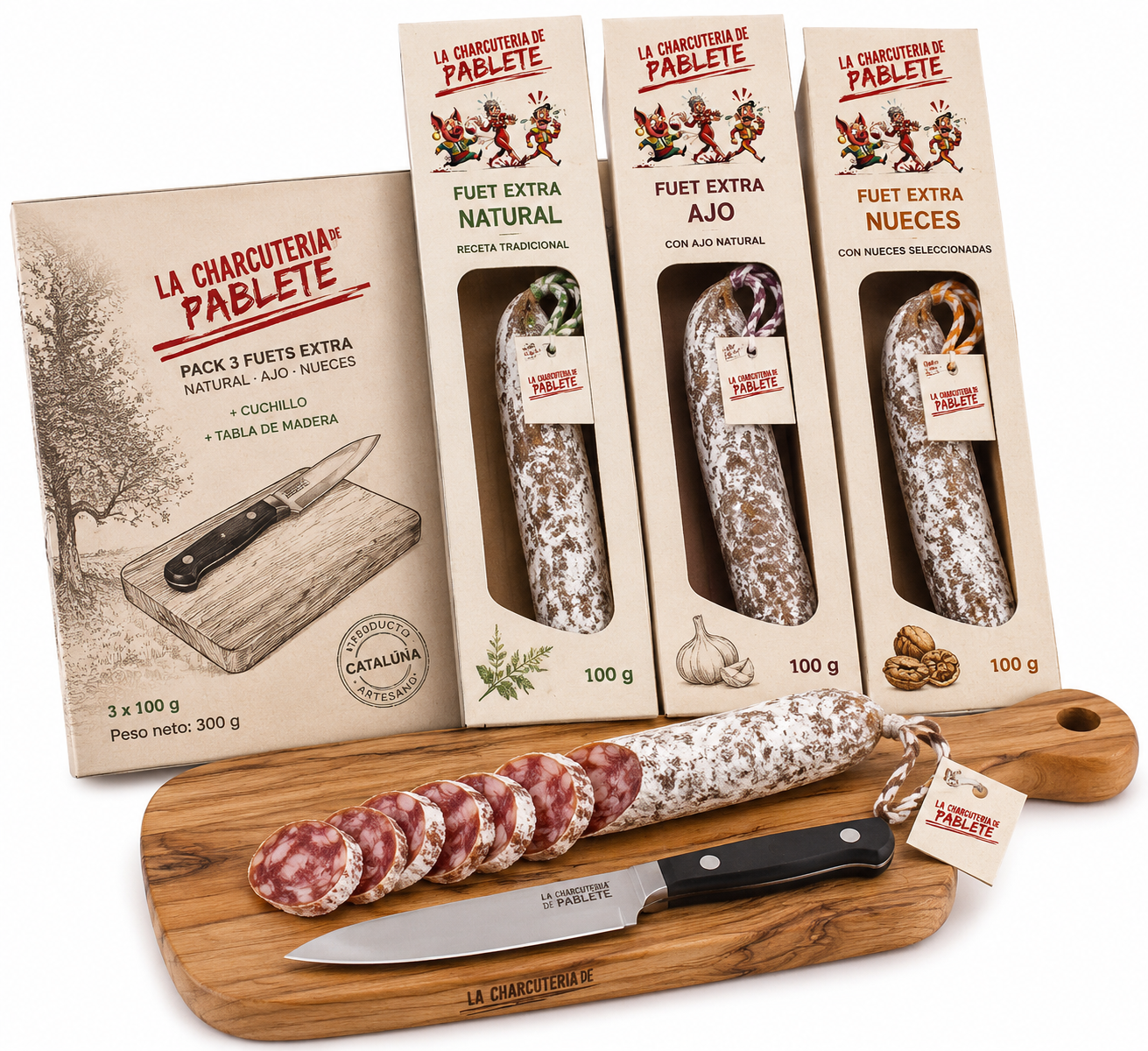 La Charcutería de Pablete Fuet Extra válogatás késsel és vágódeszkával – 3 × 100 g