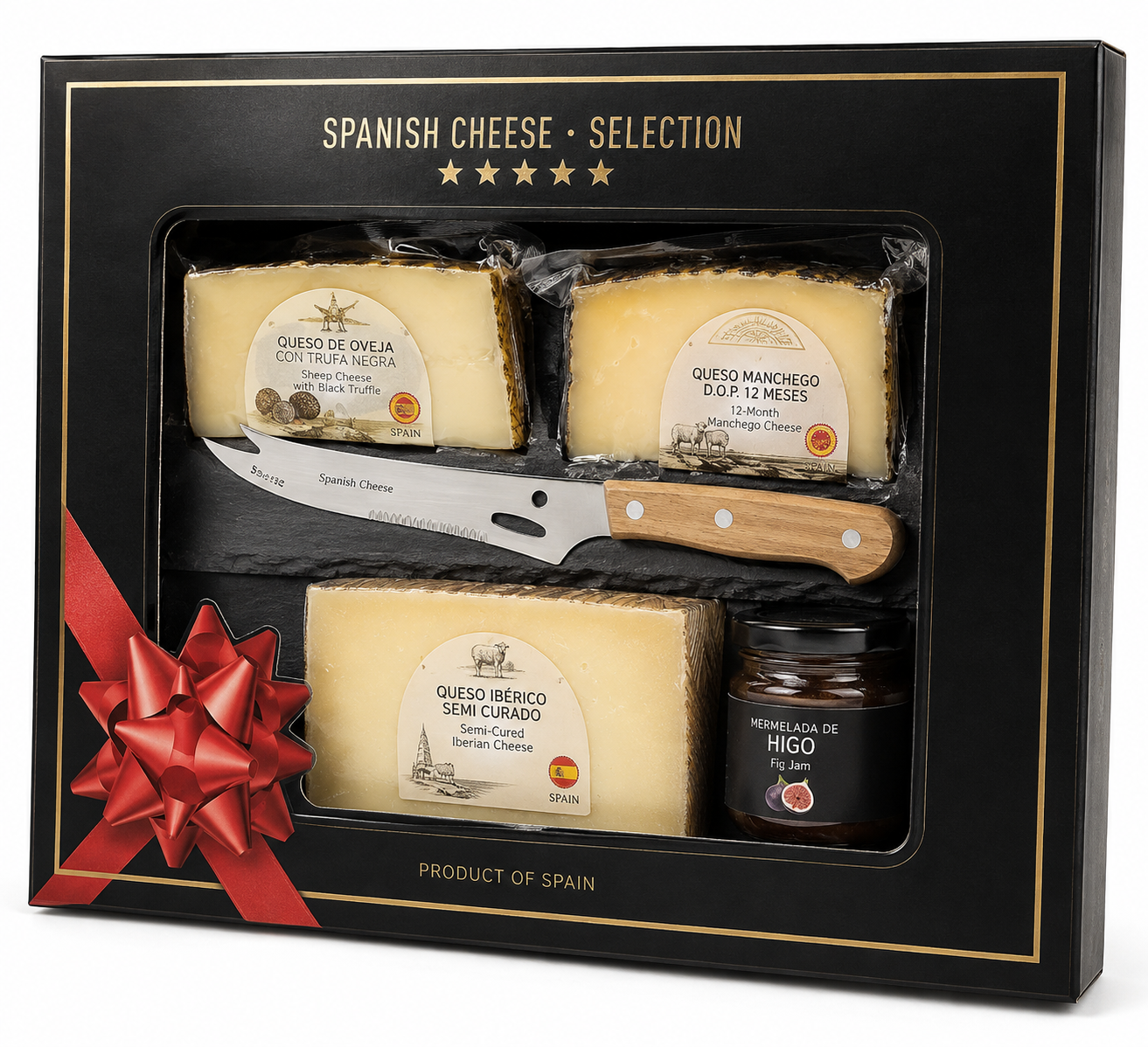 Spanyol sajtválogatás palatáblával, sajtkéssel és fügelekvárral – 480 g